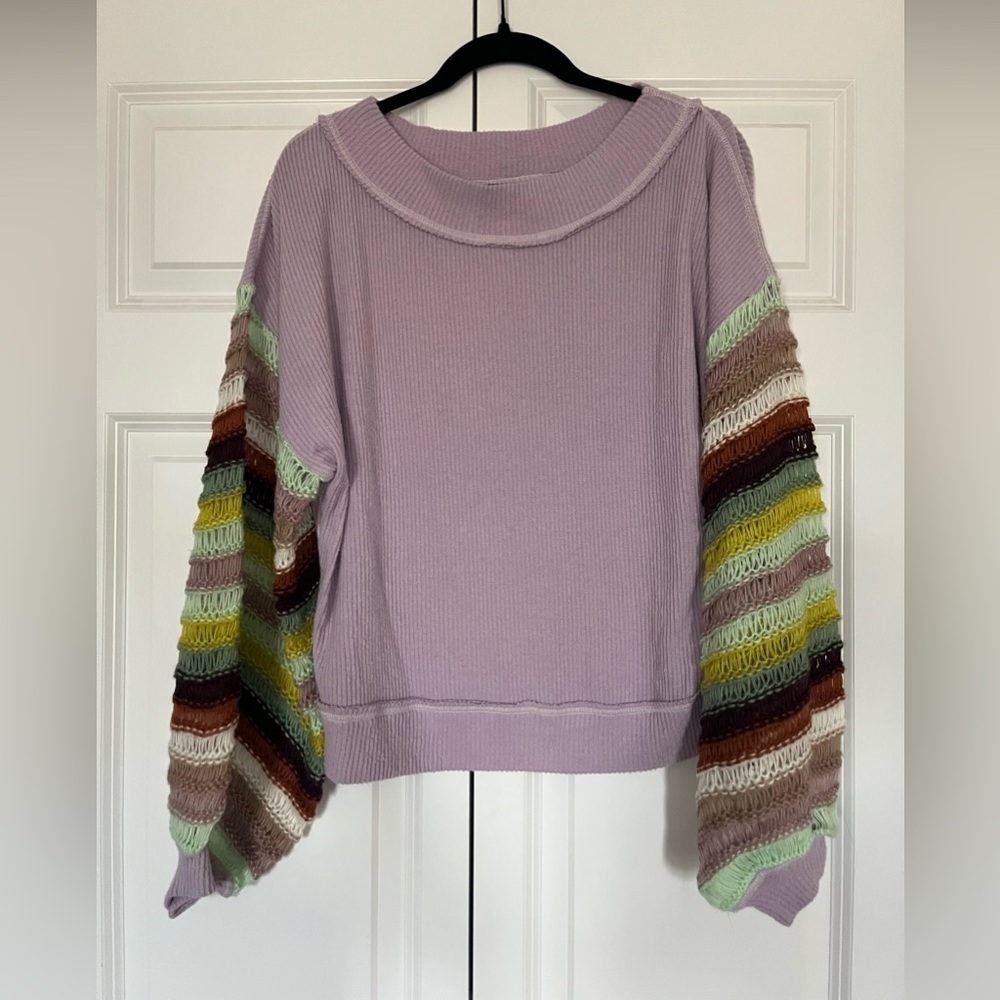 We The Free Lavender Sweater with Striped Sleeves